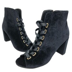 KENNETH COLE REACTION Size 7 Ankle Boots Lania Black Velvet Peep Toe Lace Up Zip